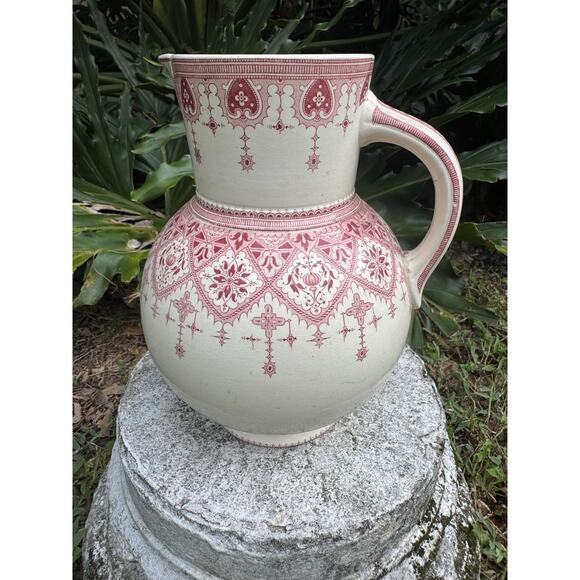 Antique Sarreguemines “Calcutta” Pitcher Red Transferware French Faeince 9” - Picture 13 of 15